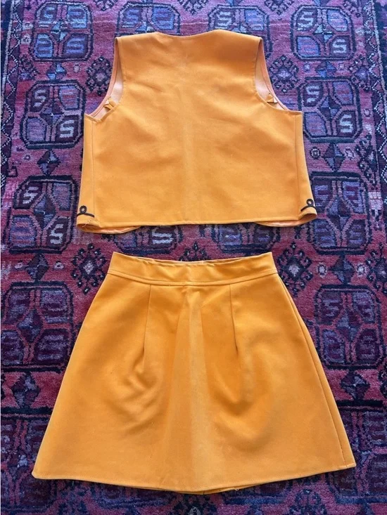 Vintage 70s Orange Skirt Set Embroidered Vest Mod Boho XS/S Coachella - Picture 8 of 11